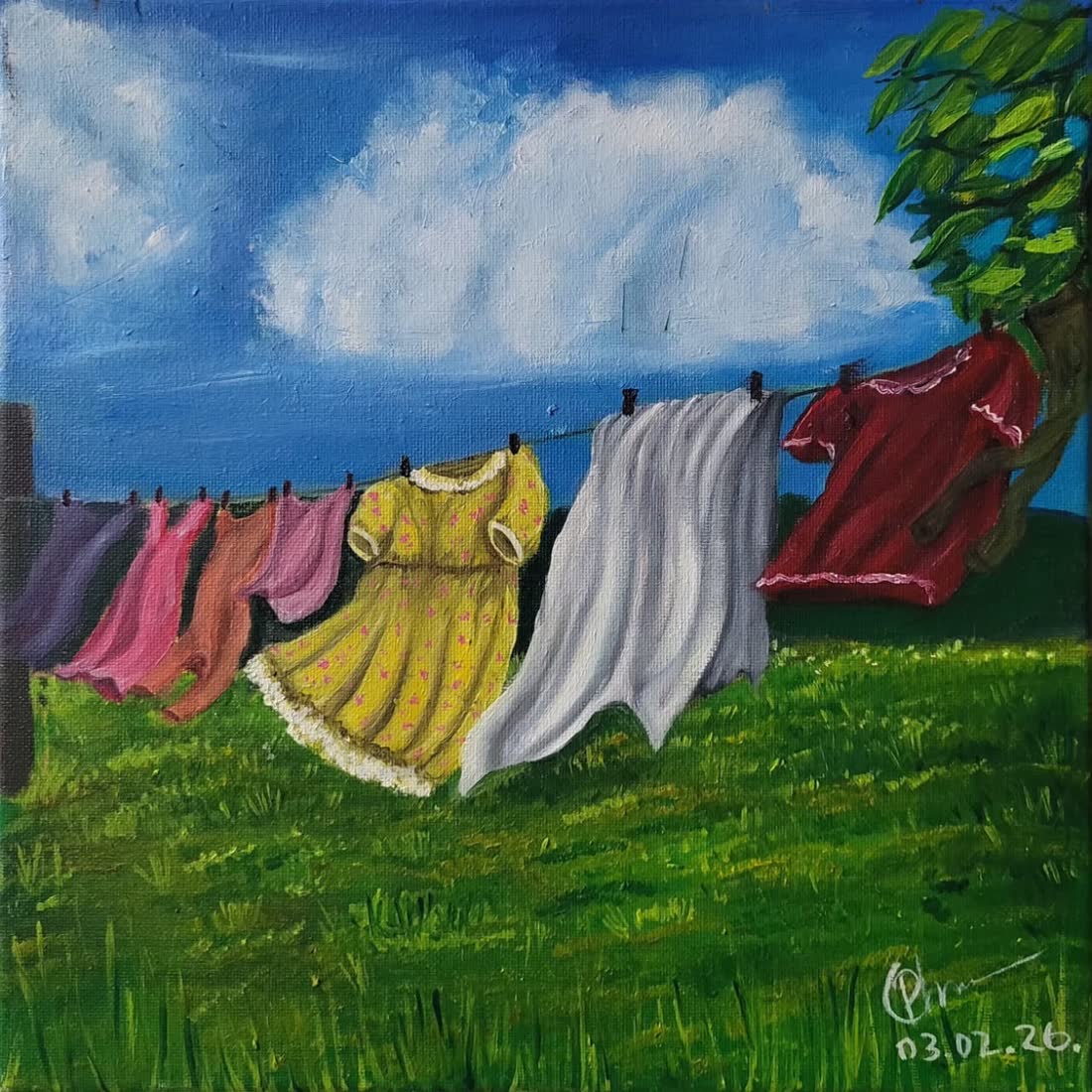 Painting of colourful clothes on a washing line against a blue sky