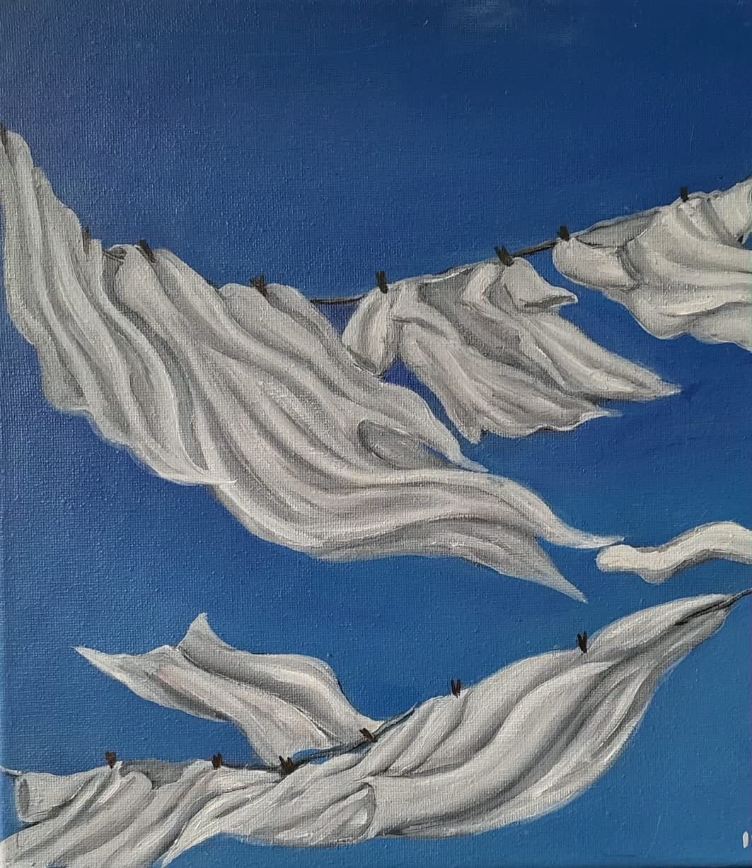 Painting of a blue and white board house with laundry hanging in the yard