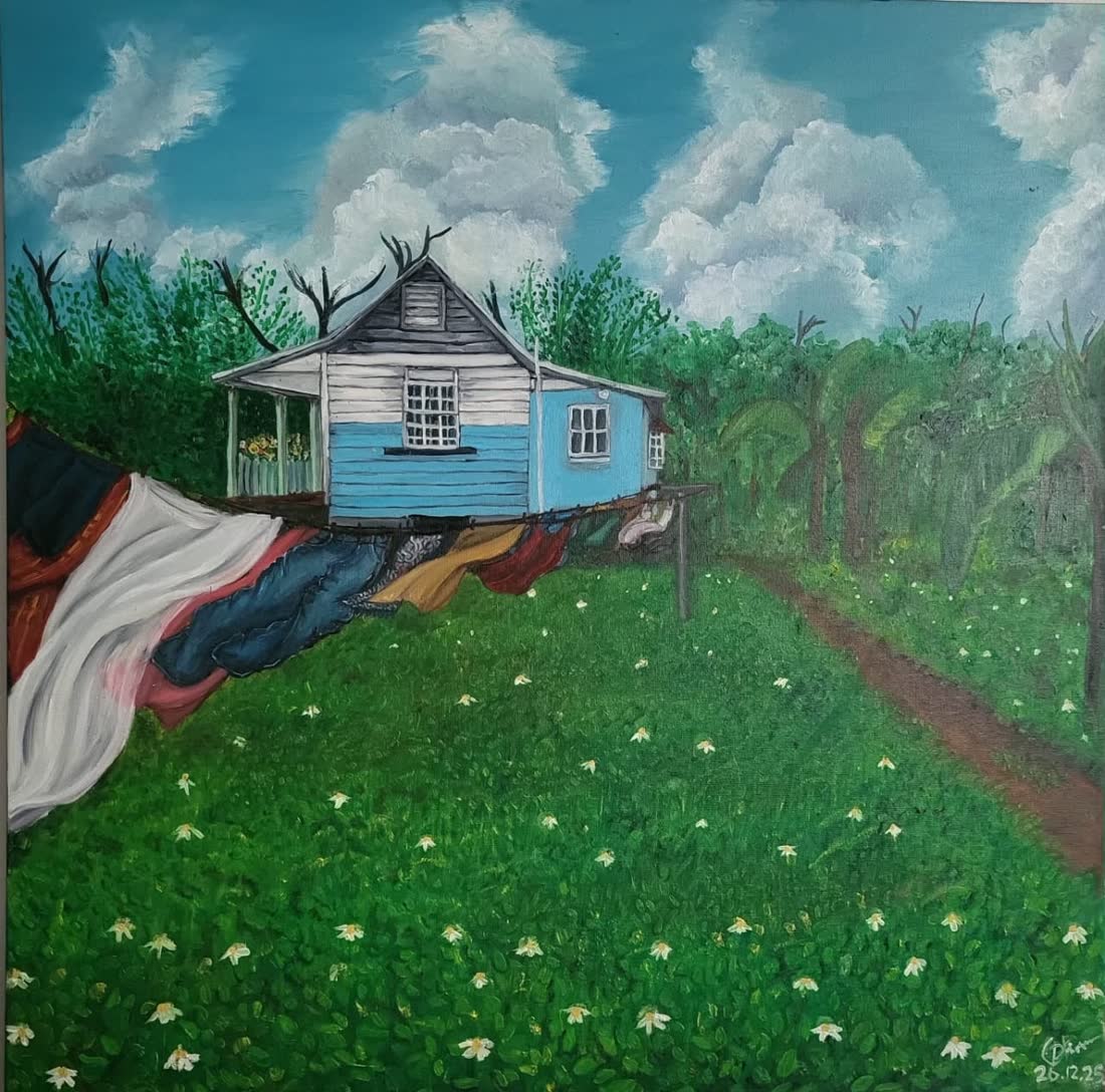 Painting of white sheets billowing on a line against a deep blue sky