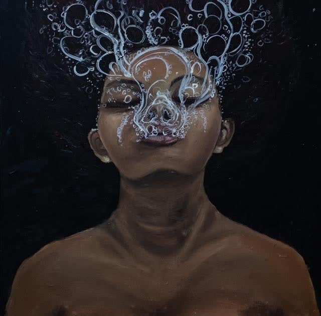 Painting of a face underwater surrounded by rising bubbles