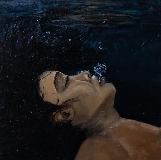 Painting of a face turned upward beneath the surface of dark water