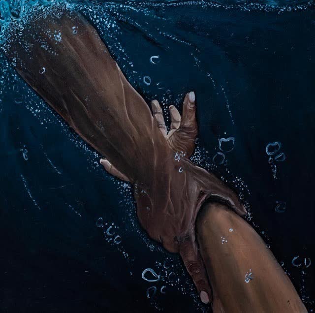 Painting of two hands reaching toward each other underwater
