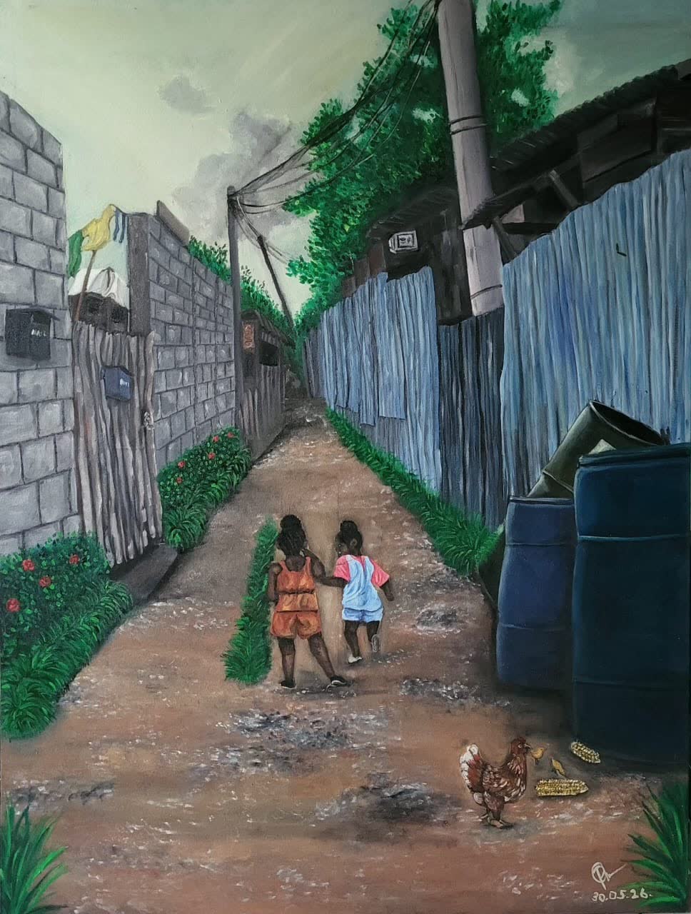 Painting of two children walking down a Jamaican lane with a fowl in the foreground