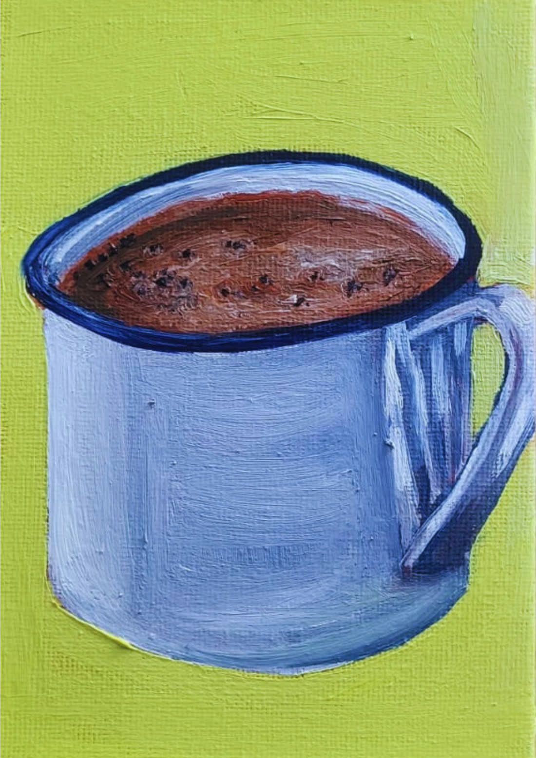 Painting of an enamel mug of cocoa tea on a bright green background